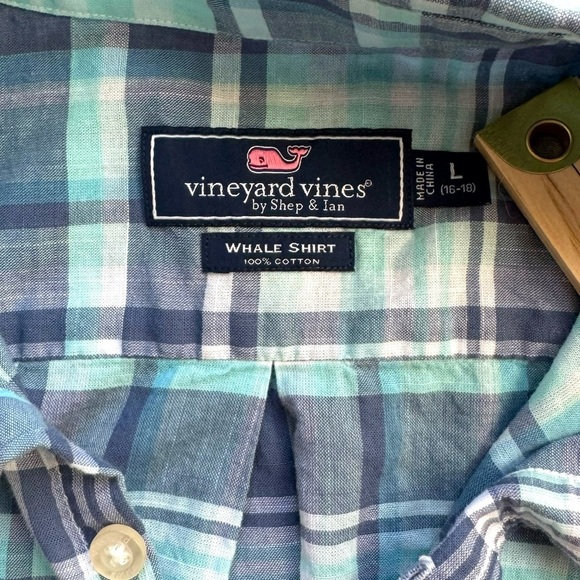 Vineyard Vines Whale Shirt Boys Large 16-18 Blue Plaid Long Sleeve Button Up - Picture 5 of 8